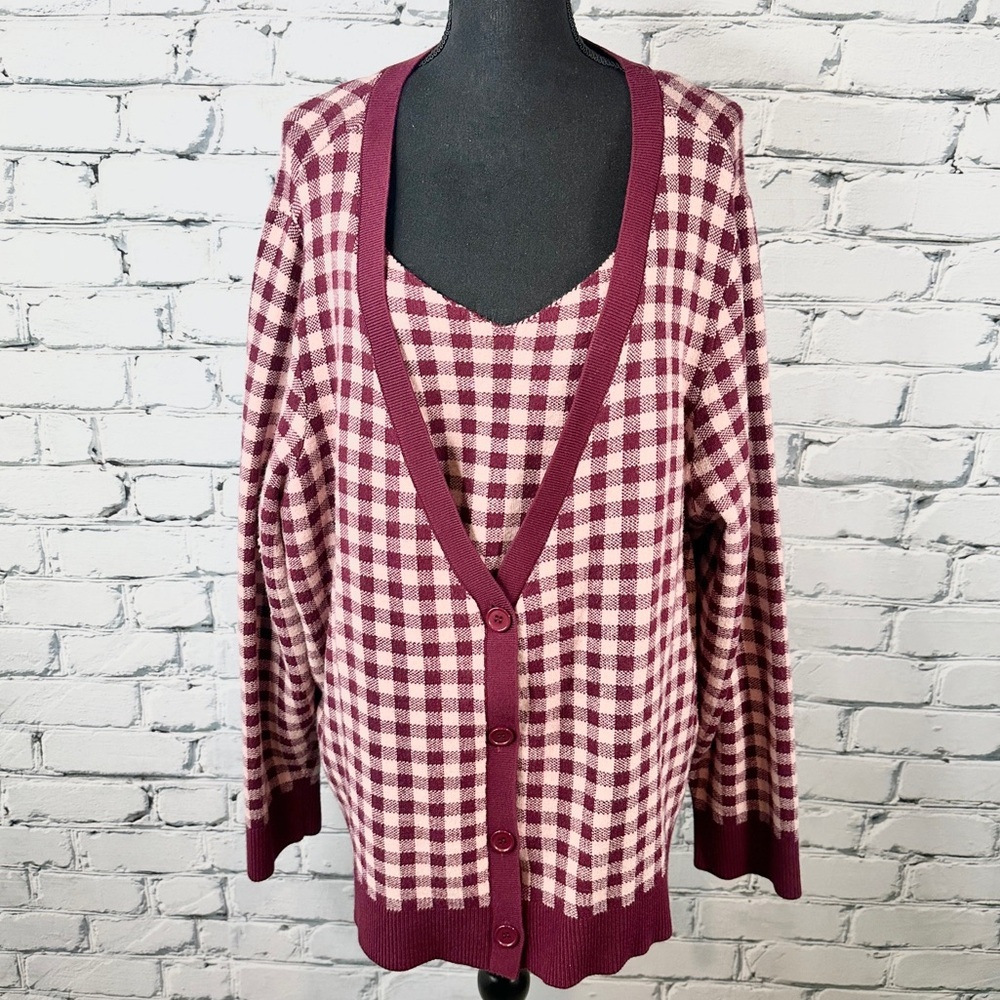Molly & Isadora Plaid Tank And Cardigan Sweater Set Size 4x Pink Burgundy 90s